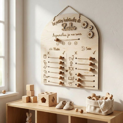 L'Atelier de Lylou Tableau de routines personnalisé en bois pour enfant avec curseurs et indicateur d'humeur.