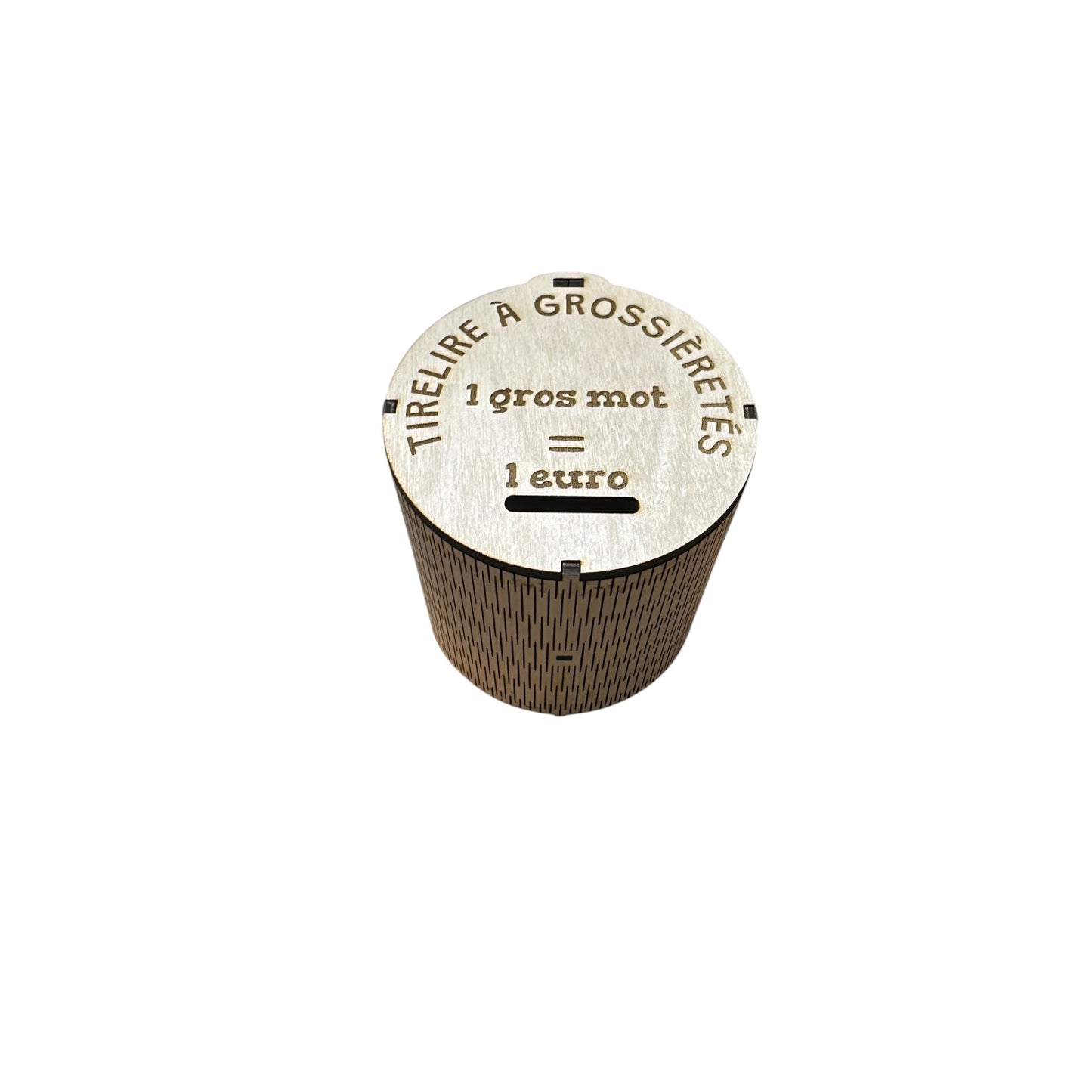 Tirelire cylindrique en bois L'Atelier de Lylou avec inscription "1 gros mot = 1 euro". Personnalisable.