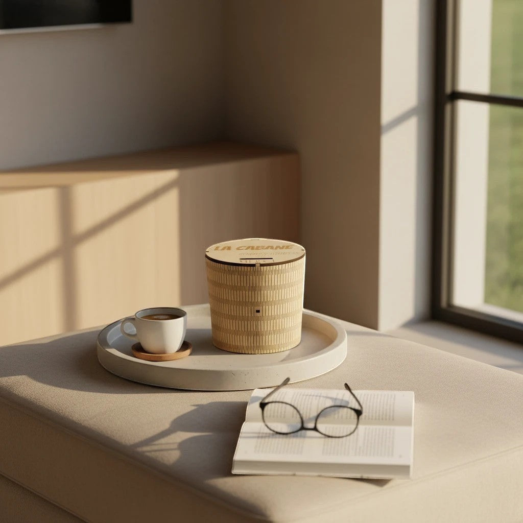 Tirelire cylindrique en bois L'Atelier de Lylou avec gravure personnalisable, design ajouré, sur un plateau avec une tasse de café.