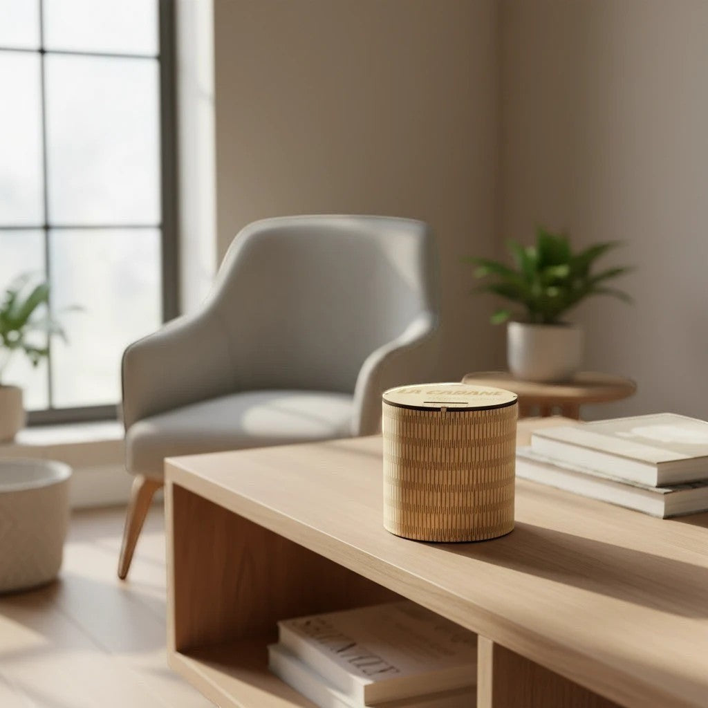 Tirelire cylindrique en bois personnalisable L'Atelier de Lylou, gravée avec un motif géométrique et un texte.