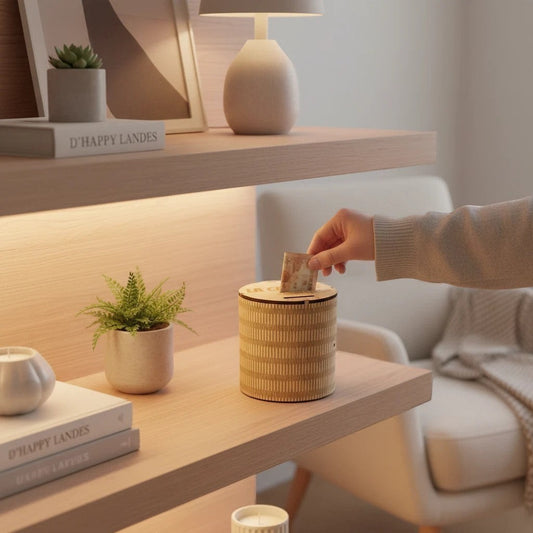 Tirelire ronde en bois L'Atelier de Lylou personnalisable avec gravure, idéale pour économiser avec style.