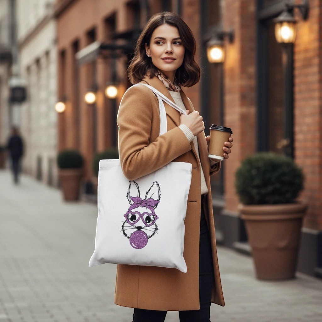 L'Atelier de Lylou tote bag blanc en coton avec un imprimé de lapin violet portant des lunettes et des nœuds, parfait pour un cadeau personnalisé.