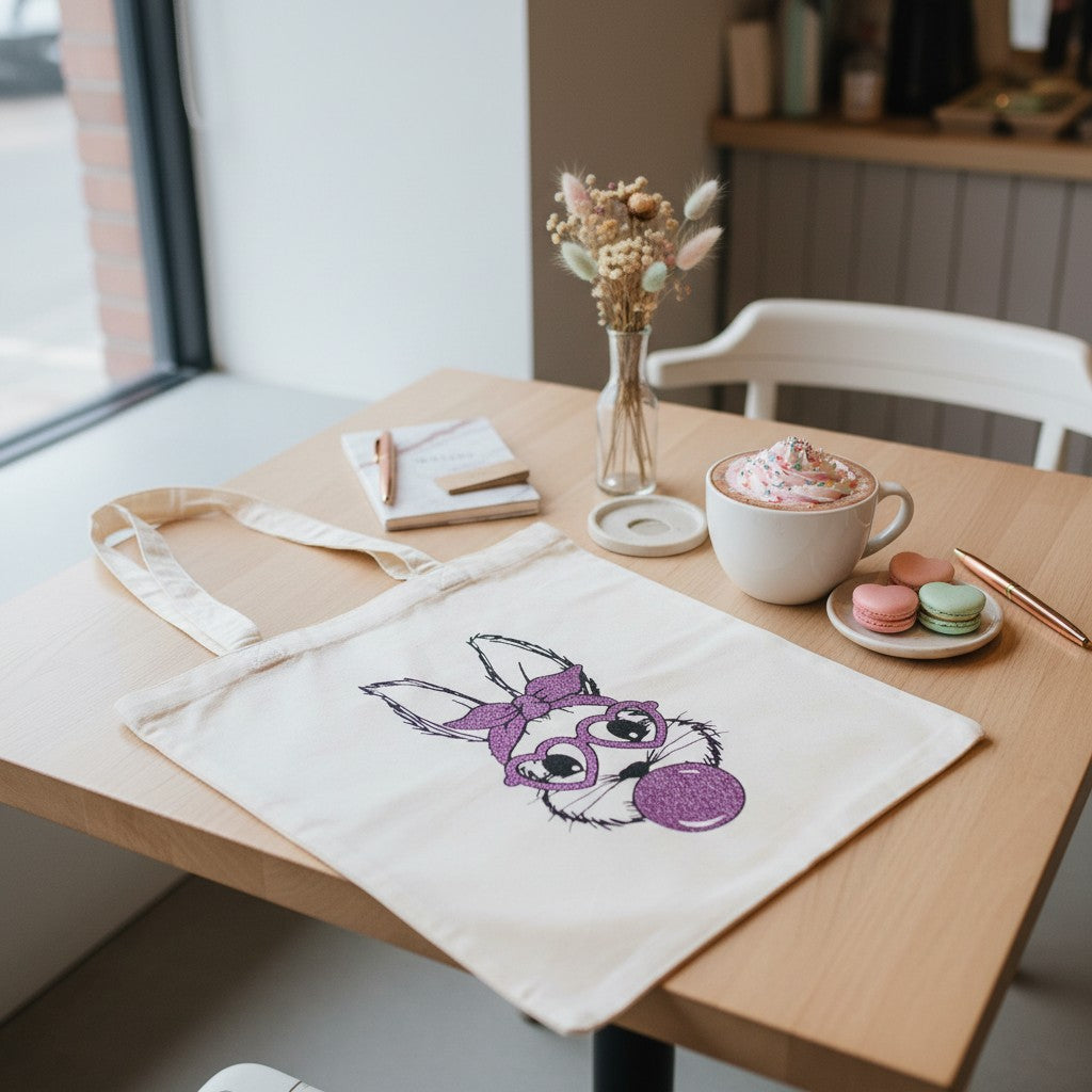 L'Atelier de Lylou tote bag blanc en coton avec un motif lapin mignon portant des lunettes en cœur et un nœud papillon, mâchant une bulle de chewing-gum.