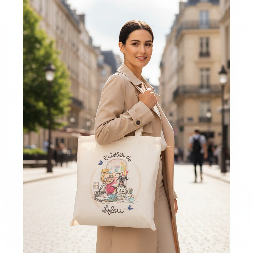 Tote bag L'Atelier de Lylou en coton blanc personnalisable avec illustration d'une fille et d'un chien dalmatien