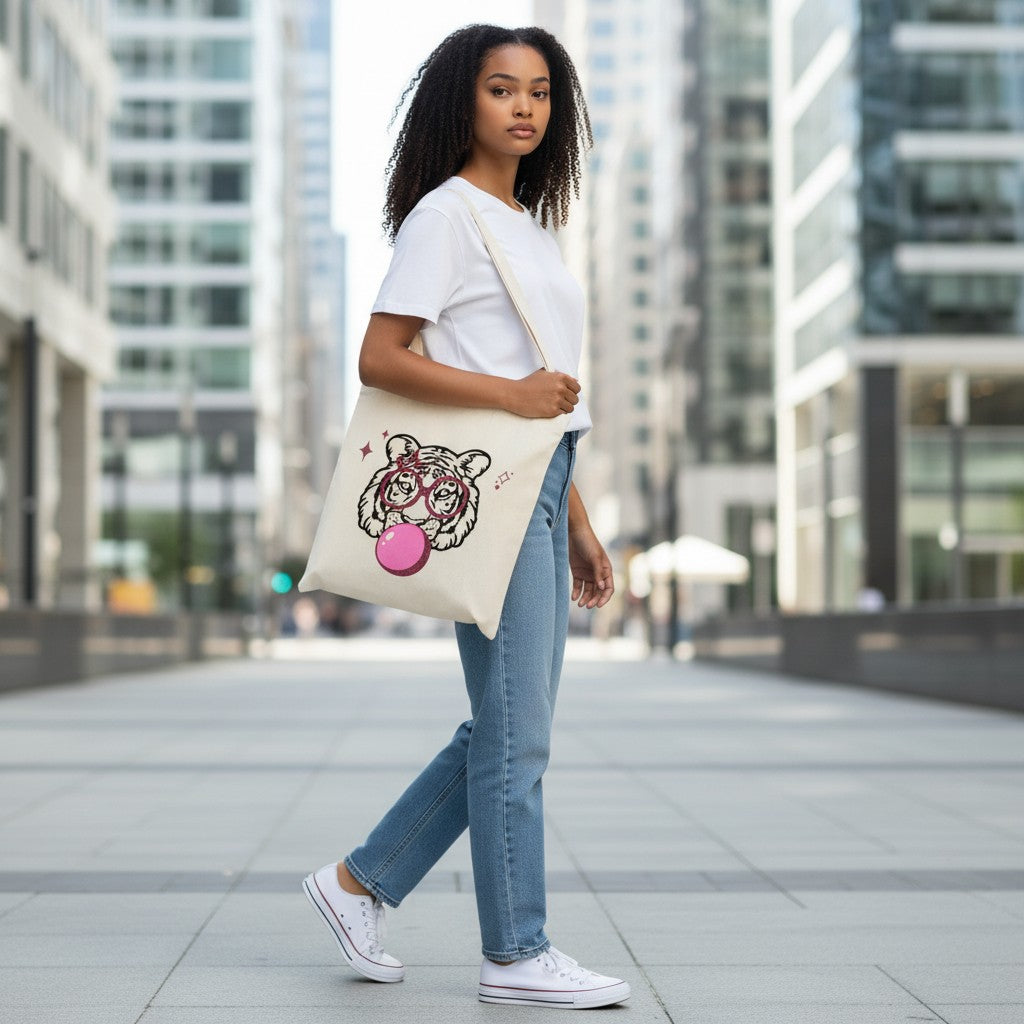L'Atelier de Lylou tote bag blanc en coton avec un tigre portant des lunettes et mâchant une bulle de chewing-gum rose.