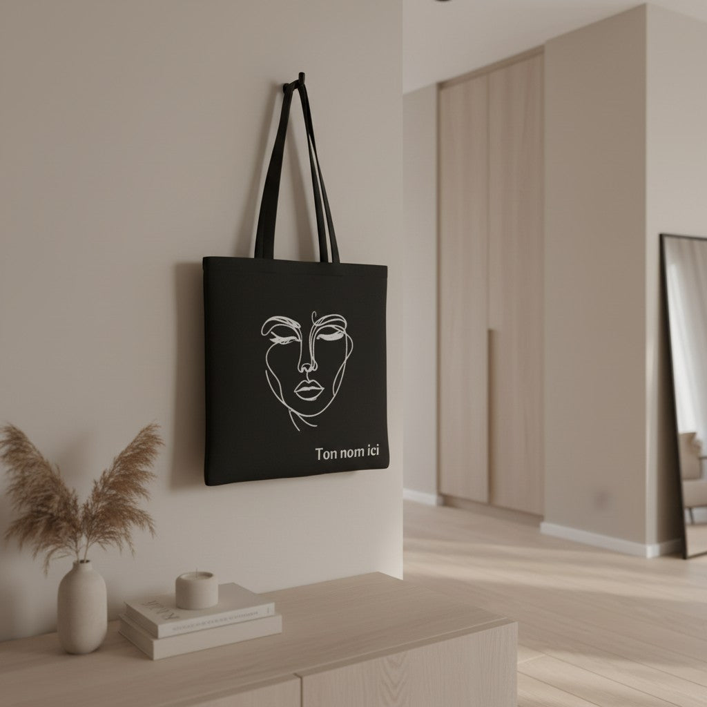 Tote bag noir en coton L'Atelier de Lylou avec un dessin de visage abstrait blanc et personnalisable