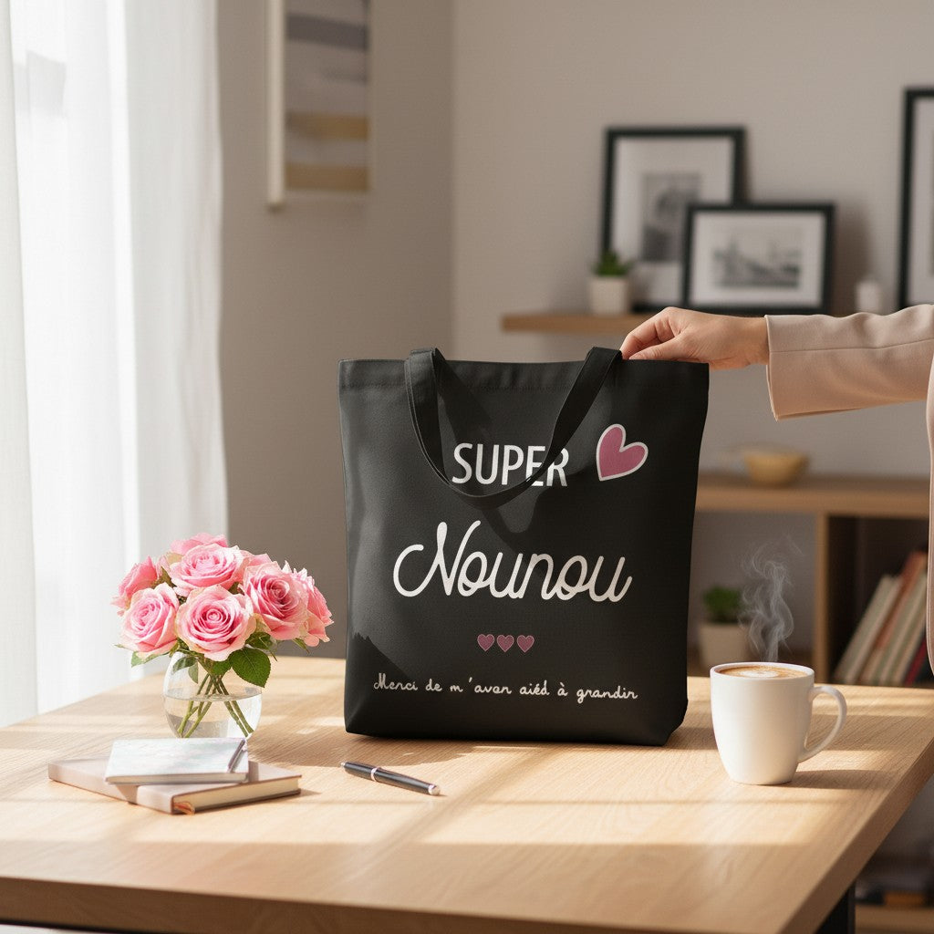 Tote-bag noir en coton L'Atelier de Lylou avec inscription "Super Nounou" et cœurs roses. Cadeau pour nounou.