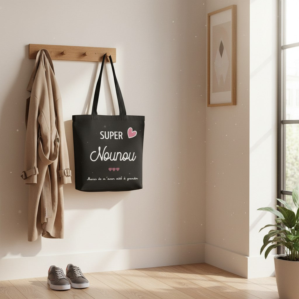 Tote-bag noir en coton L'Atelier de Lylou avec inscription "Super Nounou" et cœurs roses, cadeau pour nounou.