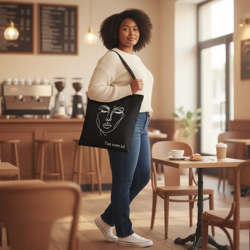 Tote bag noir en coton L'Atelier de Lylou avec un dessin de visage abstrait blanc et personnalisable.