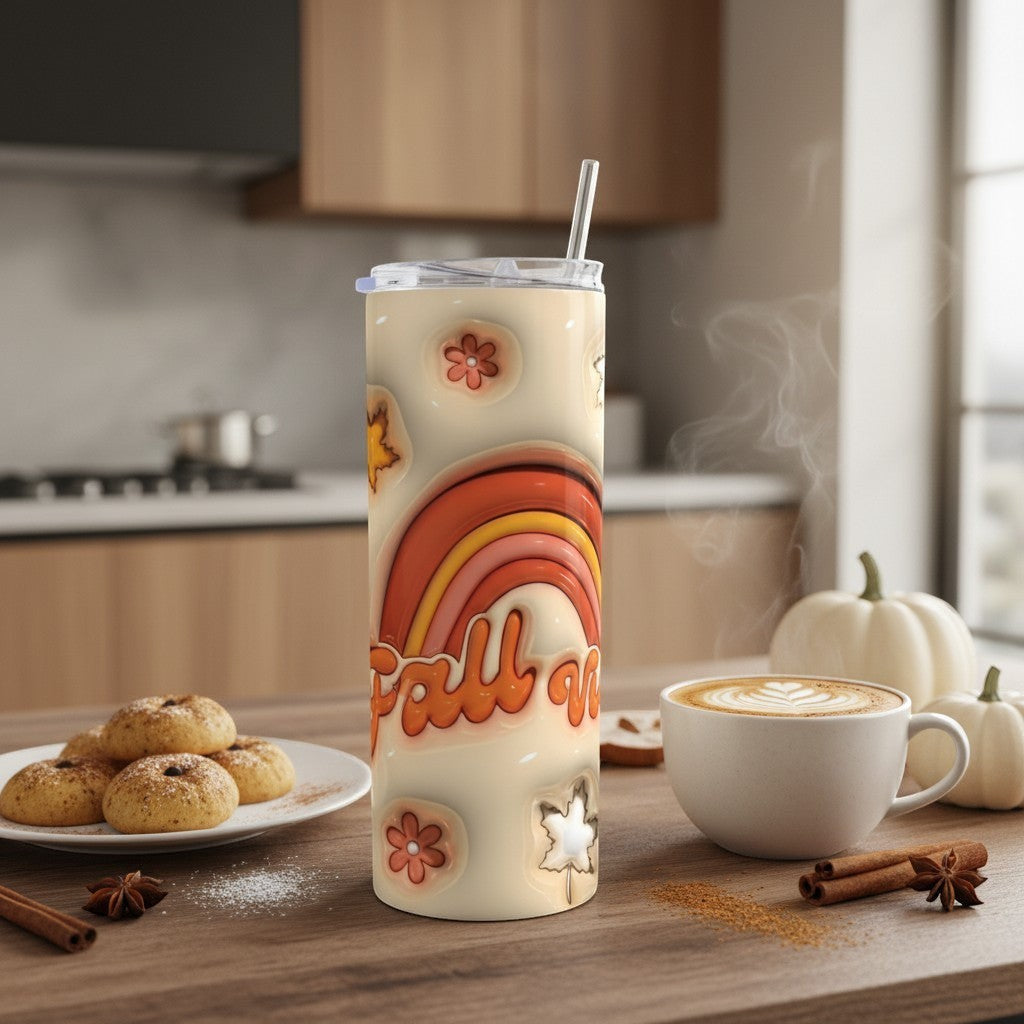 L'Atelier de Lylou Tumbler isotherme automne avec arc-en-ciel et feuilles, 600ml, acier inoxydable, paille incluse.