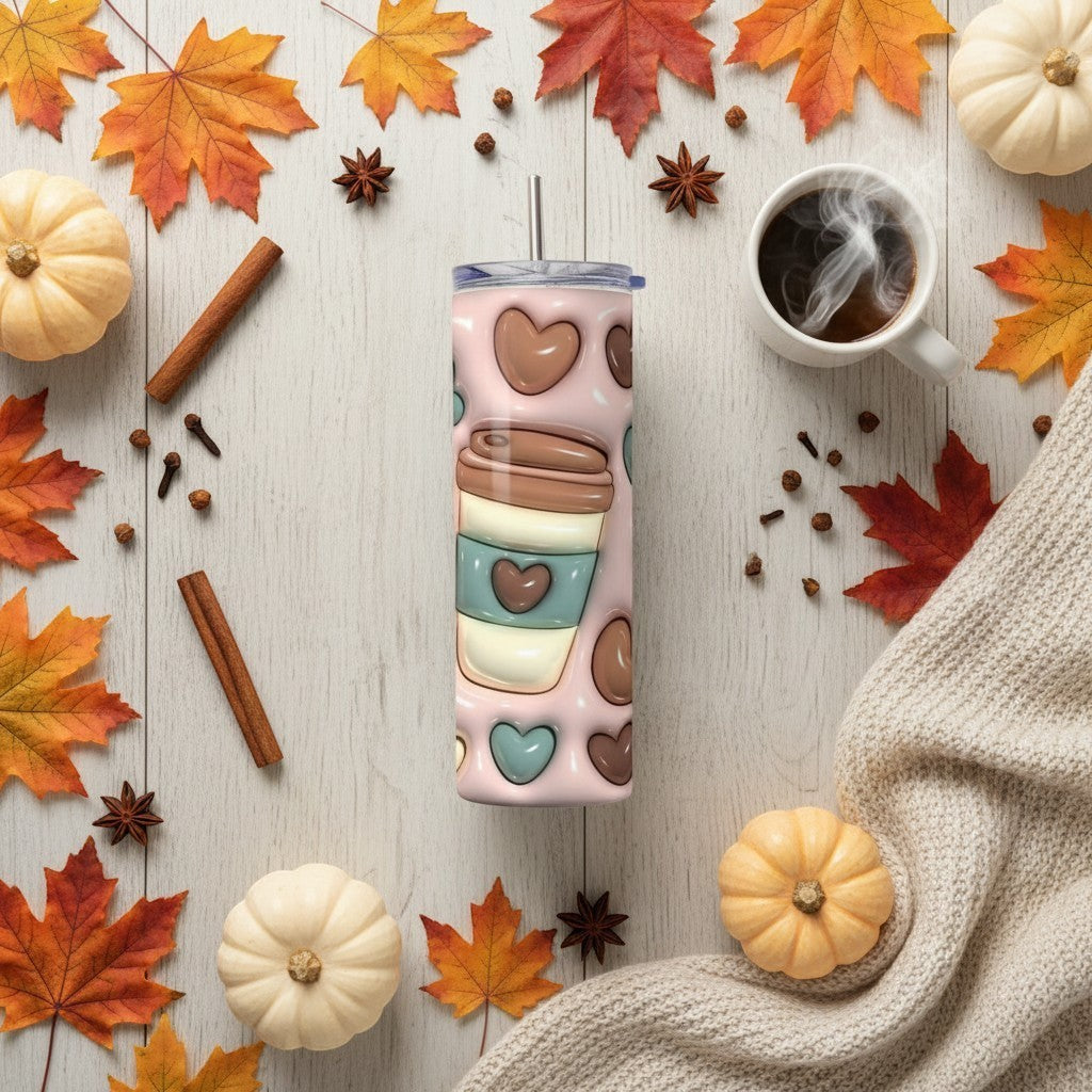 L'Atelier de Lylou : Tumbler isotherme rose avec motif tasse à café et cœurs, idéal pour l'automne.