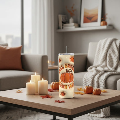 L'Atelier de Lylou Tumbler isotherme spécial Automne avec motif citrouille et feuilles d'automne, paille incluse.
