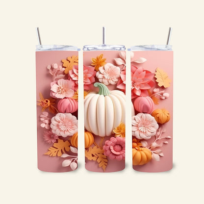 L'Atelier de Lylou : Tumbler isotherme rose avec motif citrouilles et fleurs d'automne, paille inox incluse.