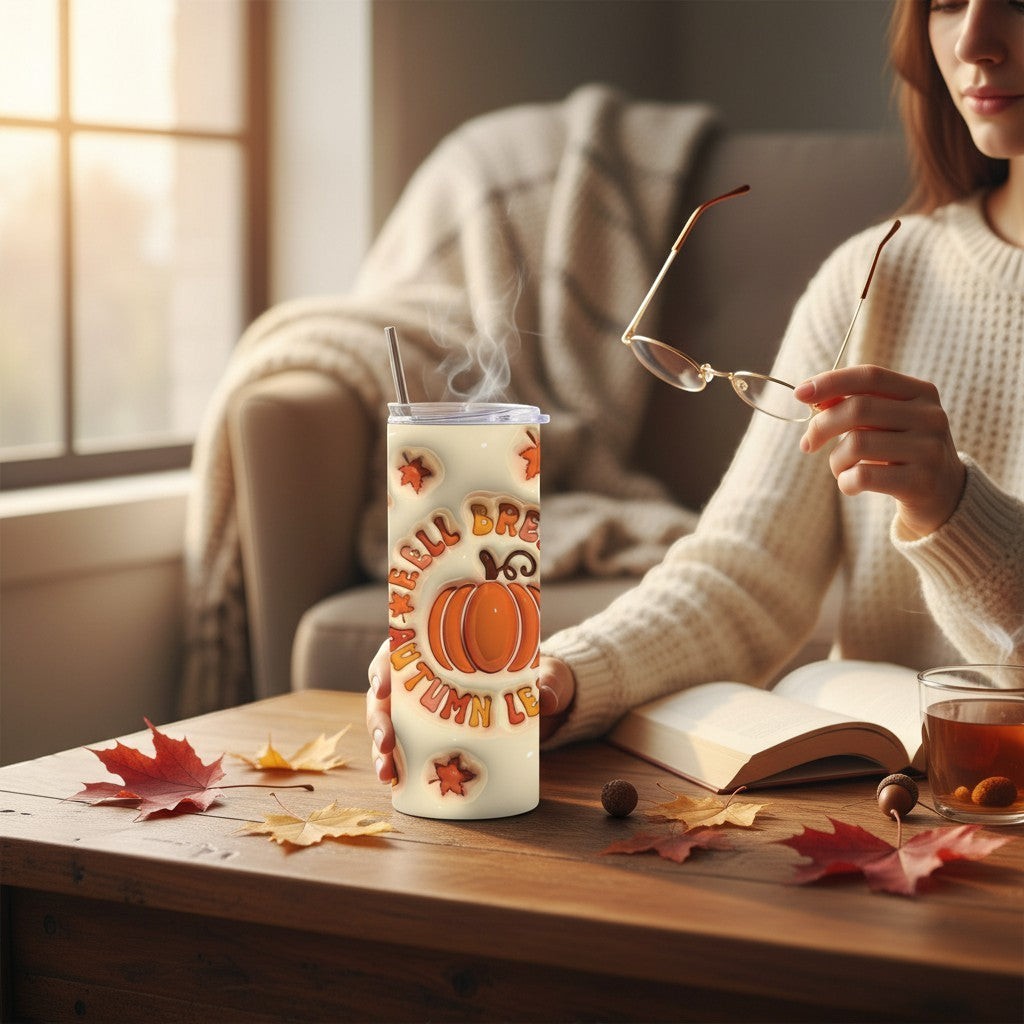 L'Atelier de Lylou Tumbler isotherme spécial Automne avec citrouille et feuilles d'automne, 600ml, acier inoxydable.