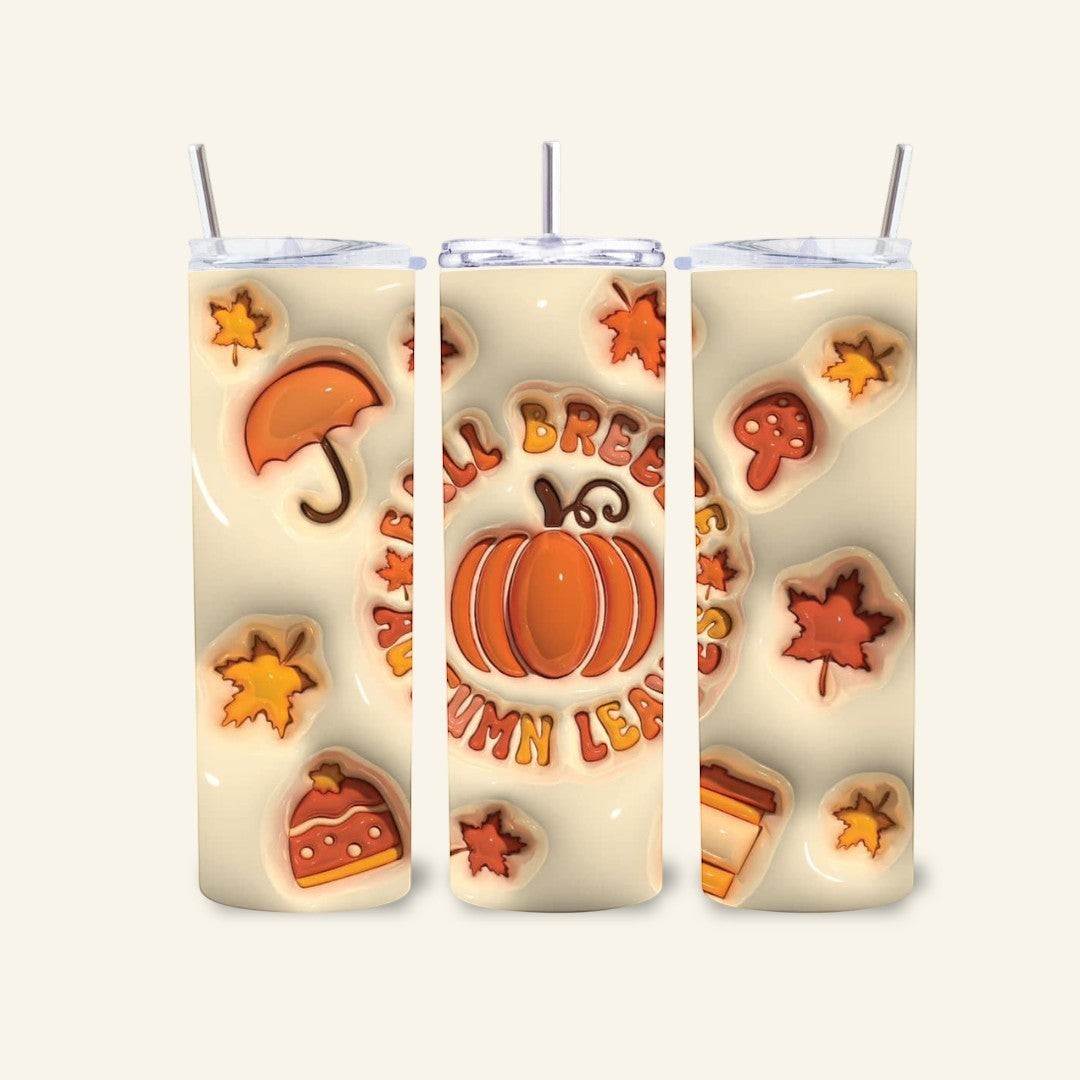 L'Atelier de Lylou Tumbler isotherme blanc avec motifs d'automne : citrouille, feuilles, parapluie, champignon, bonnet et tasse à café. Paille incluse.