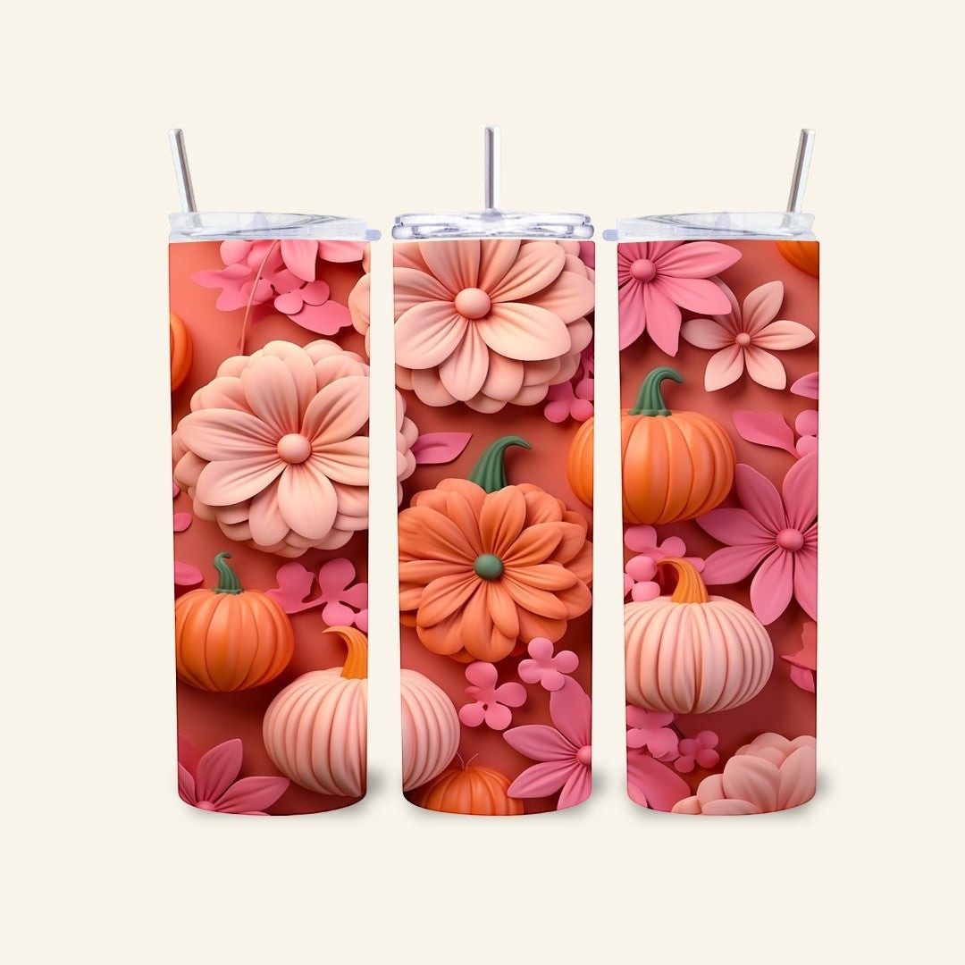 L'Atelier de Lylou : Tumbler isotherme 600 ml rose et orange avec motif citrouilles et fleurs d'automne, paille inox incluse.