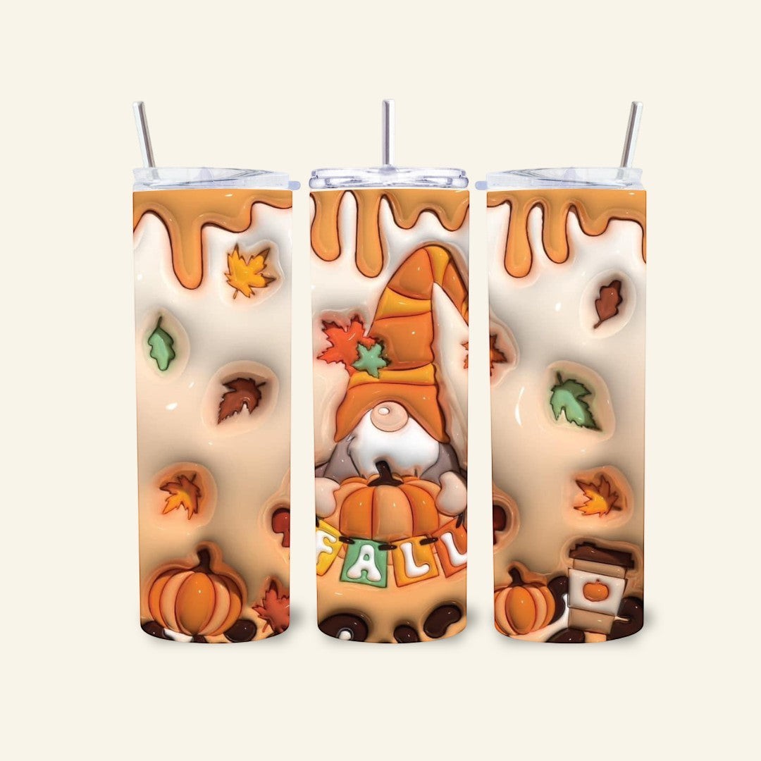 L'Atelier de Lylou : Tumbler isotherme automnal avec gnome, citrouilles et feuilles d'automne. 600 ml, acier inoxydable.