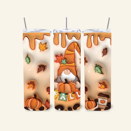 L'Atelier de Lylou : Tumbler isotherme automnal avec gnome, citrouilles et feuilles d'automne. 600 ml, acier inoxydable.