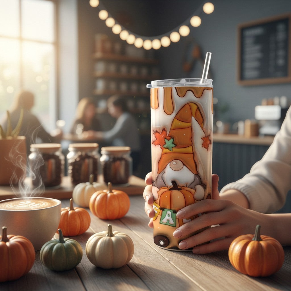 L'Atelier de Lylou : Tumbler isotherme personnalisé automne avec un gnome et des citrouilles, 600ml, acier inoxydable.