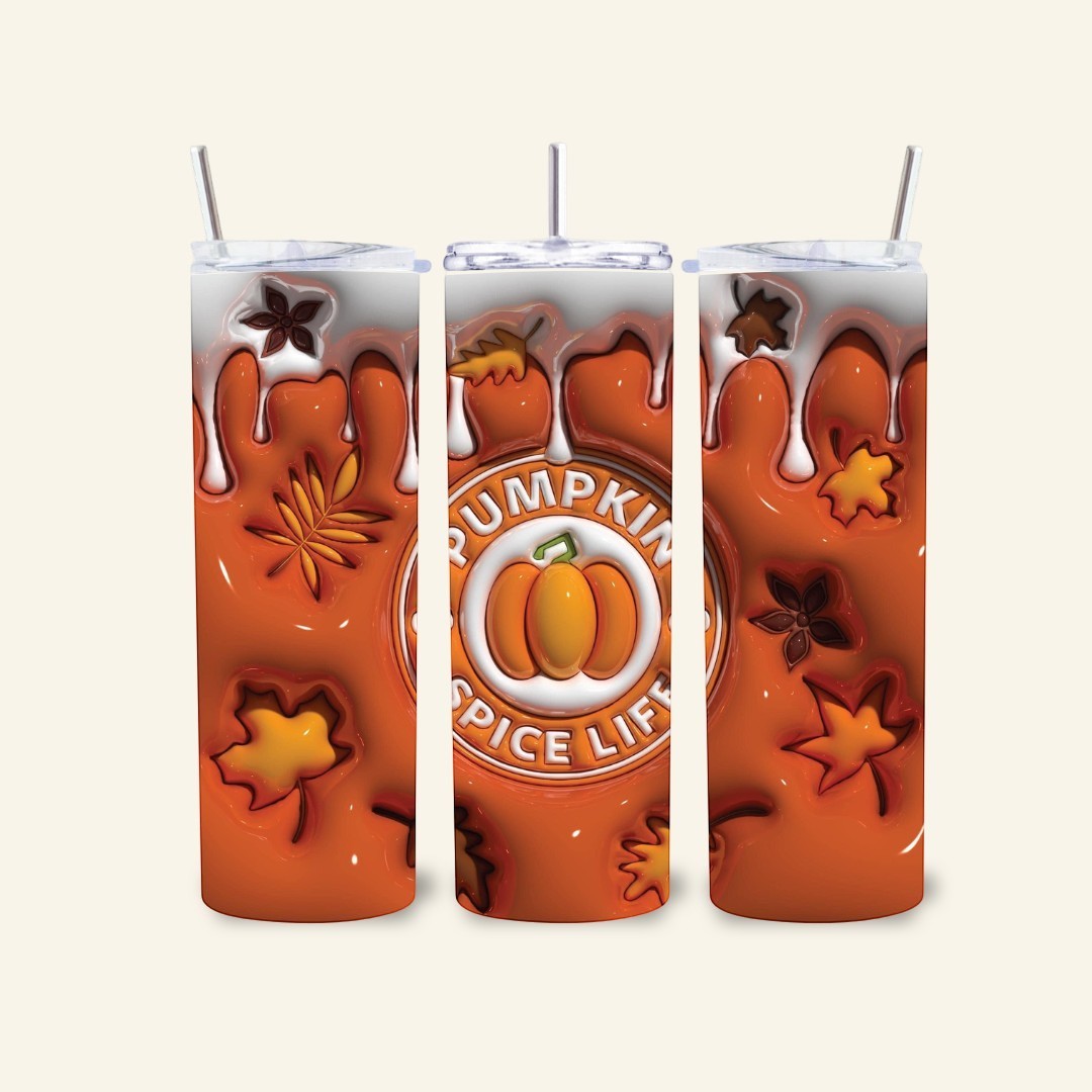 L'Atelier de Lylou : Tumbler isotherme orange et blanc avec motif automnal "Pumpkin Spice Life", feuilles d'érable et étoiles de badiane.