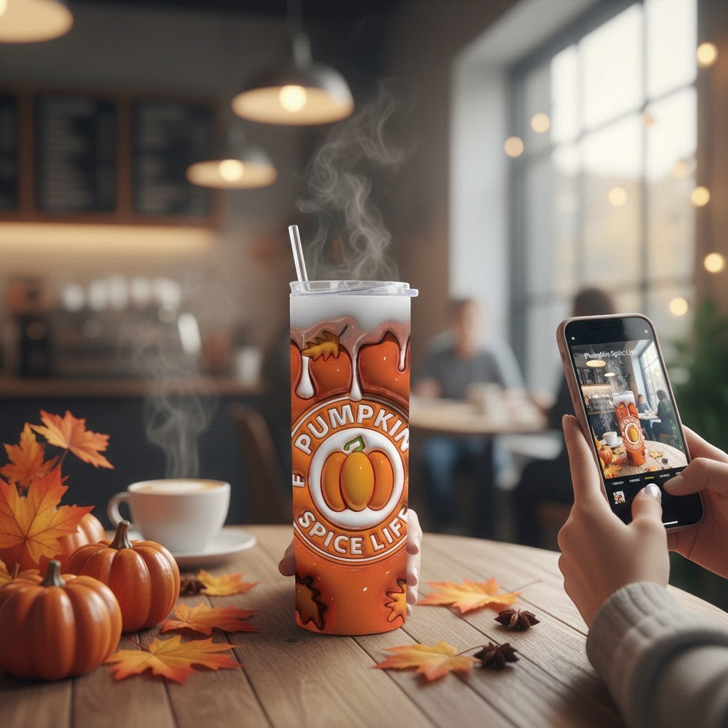 L'Atelier de Lylou Tumbler isotherme spécial Automne avec design Pumpkin Spice Life, idéal pour boissons chaudes ou froides.