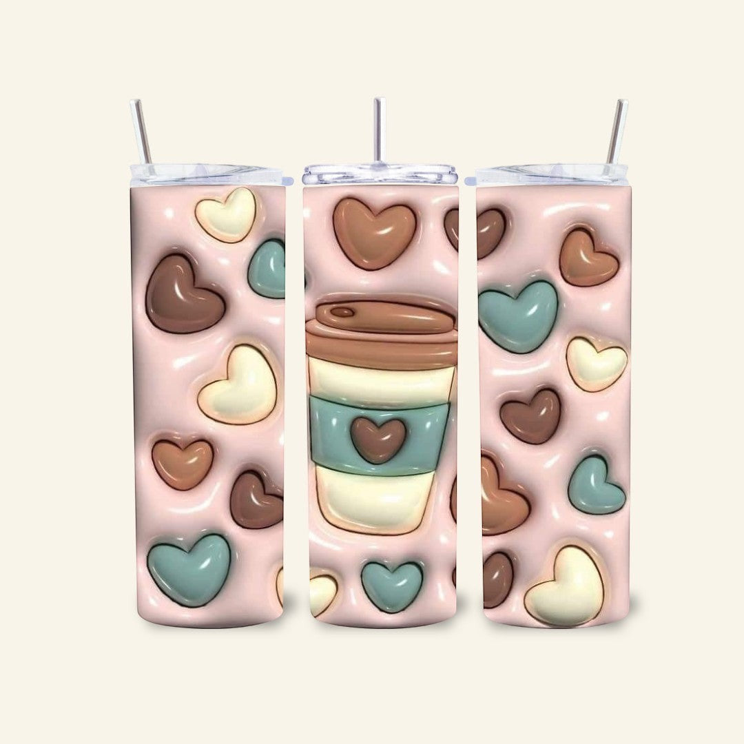 L'Atelier de Lylou : Tumbler isotherme rose avec cœurs chocolat, crème et menthe. Design automnal.