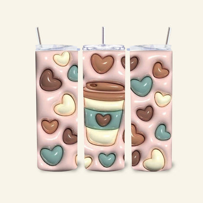L'Atelier de Lylou : Tumbler isotherme rose avec cœurs chocolat, crème et menthe. Design automnal.