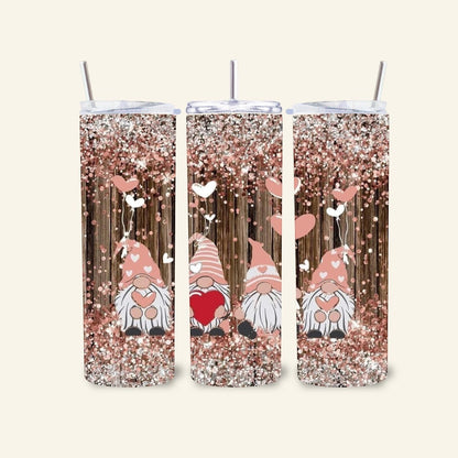 L'Atelier de Lylou : Tumbler isotherme rose et bois avec des gnomes et des cœurs, parfait pour l'automne.