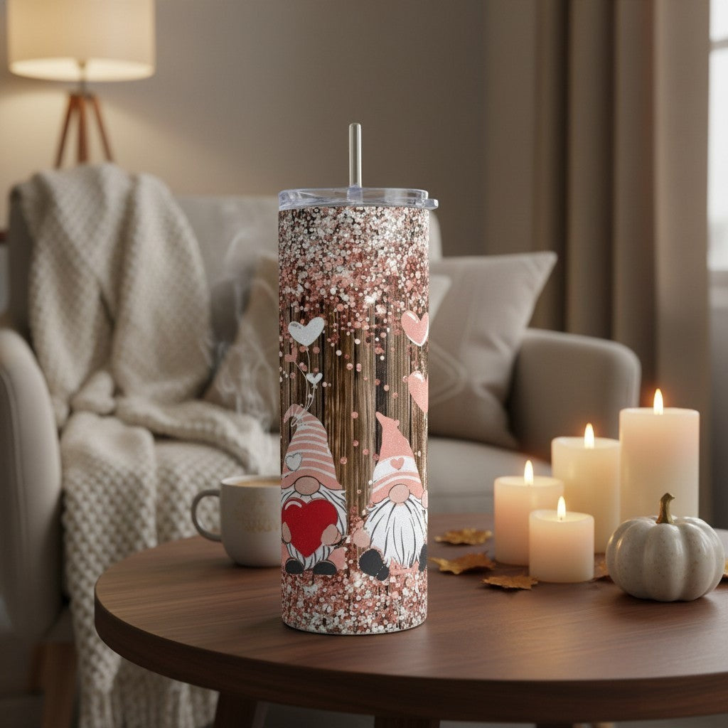L'Atelier de Lylou Tumbler isotherme avec 2 nains et cœurs roses, finition pailletée, 600ml, acier inoxydable.