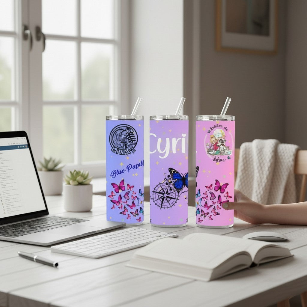 L'Atelier de Lylou : Tumbler 20oz personnalisable avec papillons bleus et roses, boussole et nom "Cyri". Garde au chaud/froid.