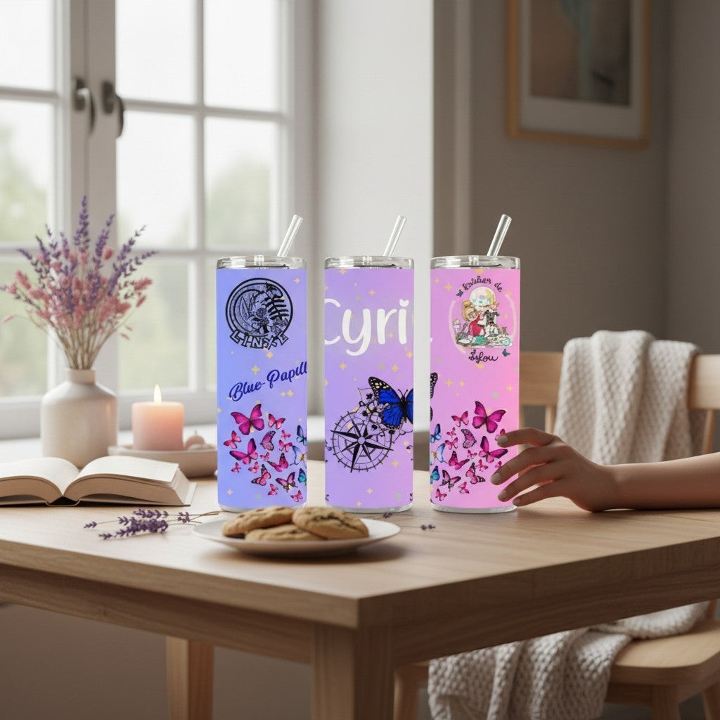 L'Atelier de Lylou : Tumbler 20oz personnalisable avec papillons roses et bleus, rose et violet dégradé.