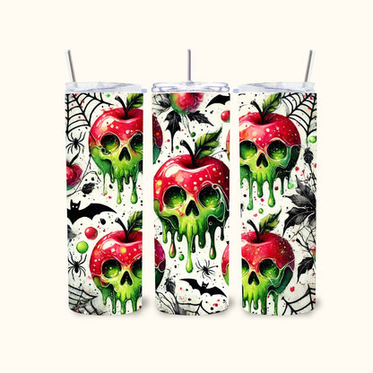 L'Atelier de Lylou : Tumbler en acier inoxydable avec motif pomme-crâne dégoulinante, araignées et chauves-souris. Idéal pour Halloween.