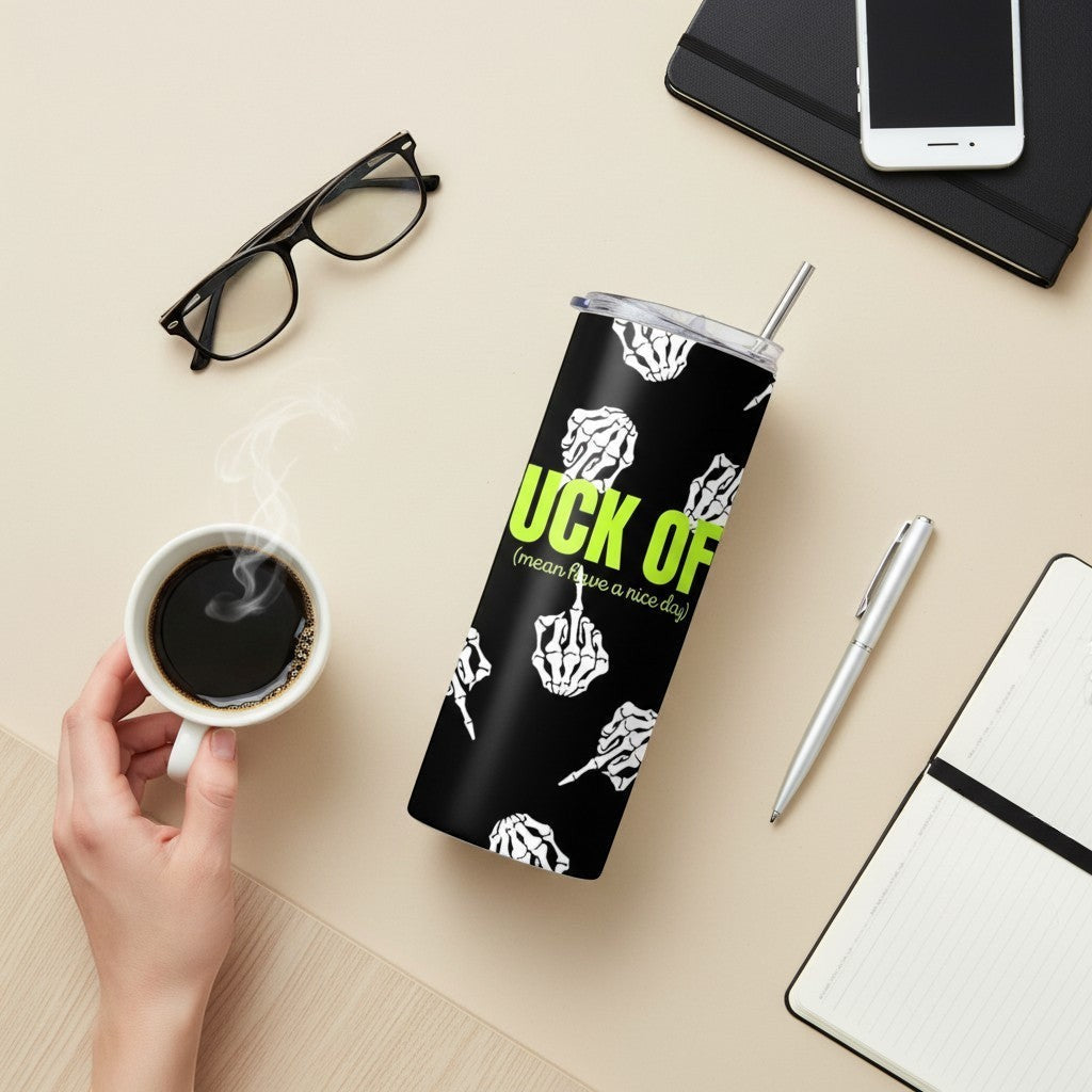 L'Atelier de Lylou Tumbler noir avec motif squelette doigt d'honneur et texte "FUCK OFF (mean have a nice day)"