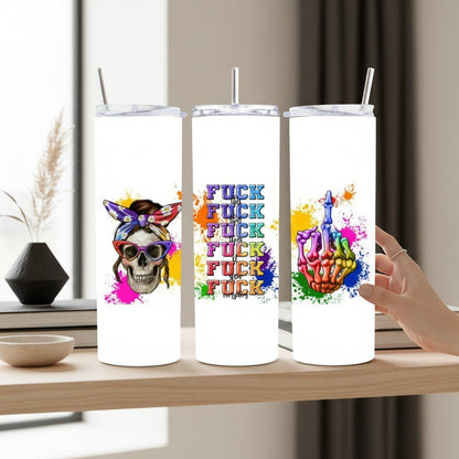 L'Atelier de Lylou : Tumbler en acier inoxydable avec design de crâne stylé, texte sarcastique et main faisant un doigt d'honneur arc-en-ciel.