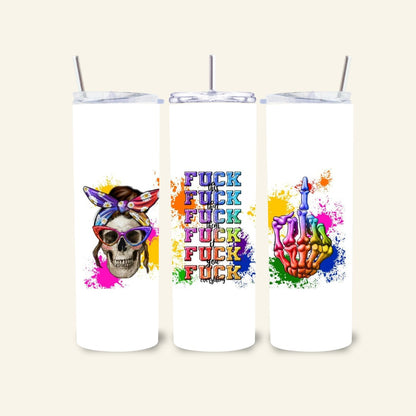 L'Atelier de Lylou : Tumbler en acier inoxydable avec un crâne stylisé et un doigt d'honneur coloré, texte sarcastique.
