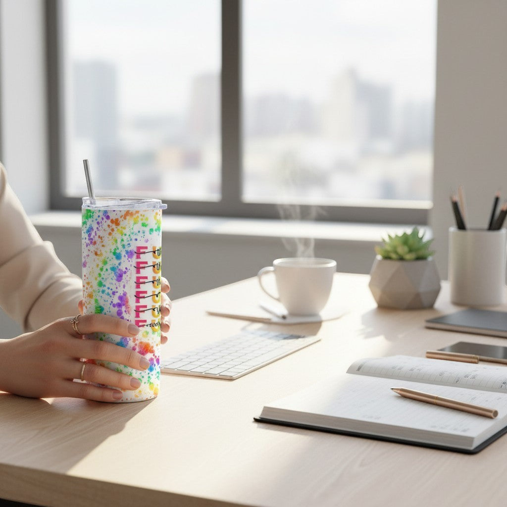 L'Atelier de Lylou tumbler en acier inoxydable blanc avec éclaboussures multicolores et texte sarcastique, 600ml