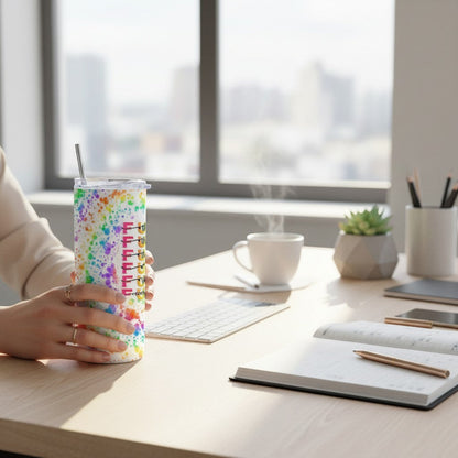 L'Atelier de Lylou tumbler en acier inoxydable blanc avec éclaboussures multicolores et texte sarcastique, 600ml