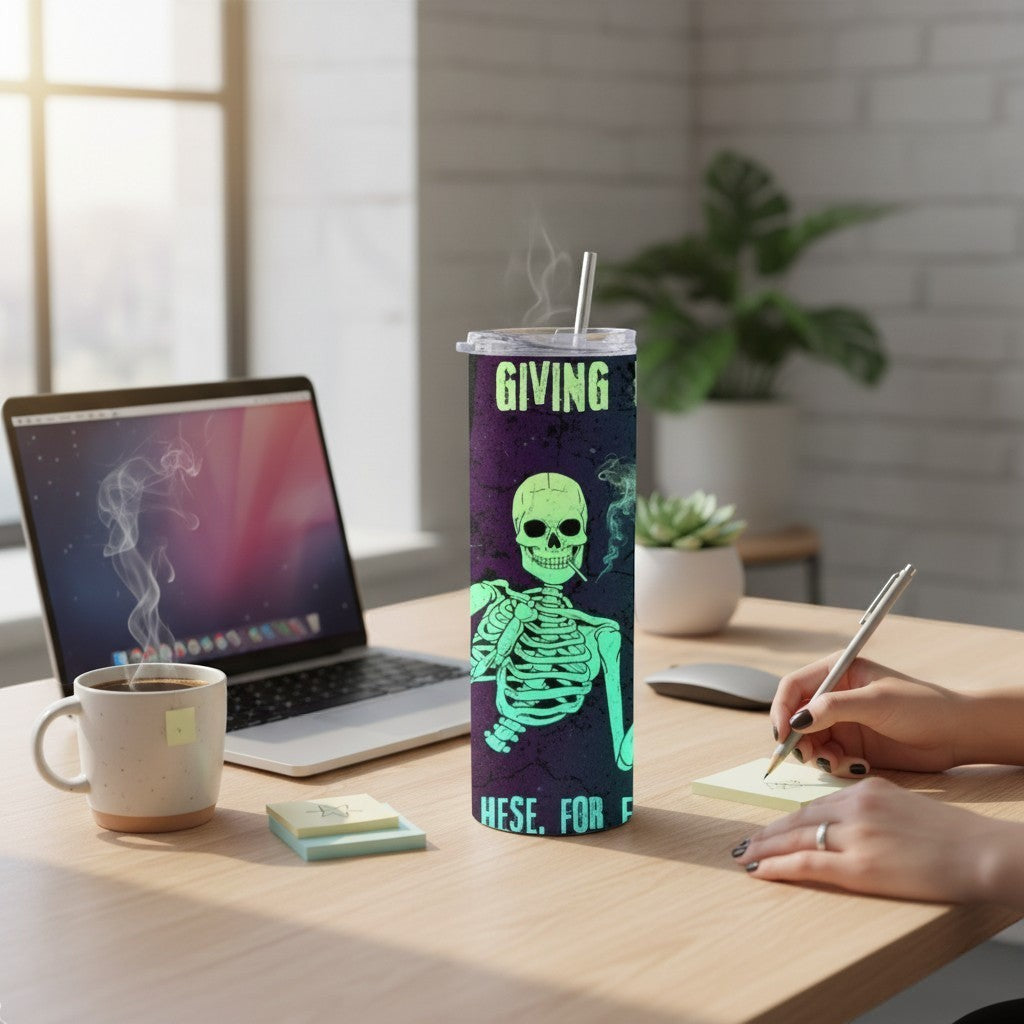 L'Atelier de Lylou tumbler en acier inoxydable avec un squelette vert néon fumant et l'inscription "GIVING THESE. FOR F".