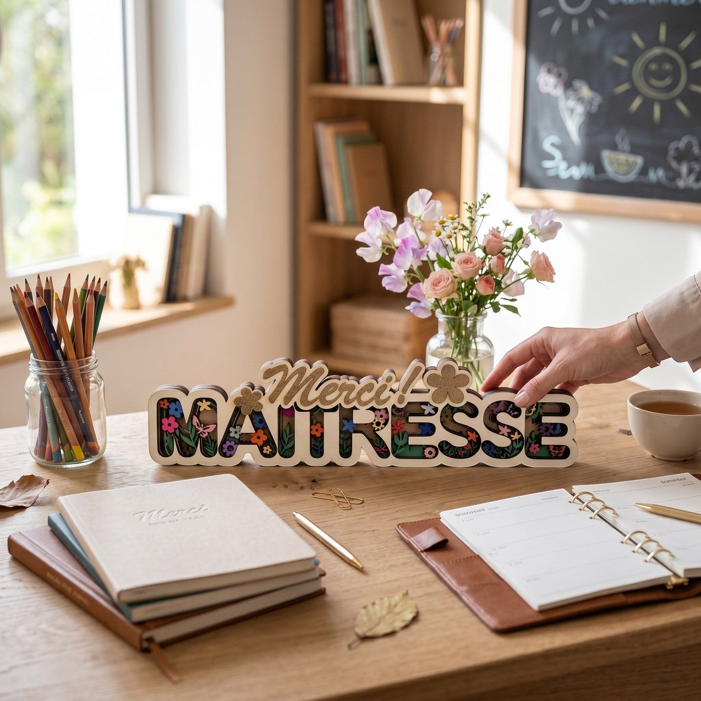 Décoration en bois multicouches "Merci Maitresse" avec motif floral coloré et finition dorée. Idéal pour offrir.