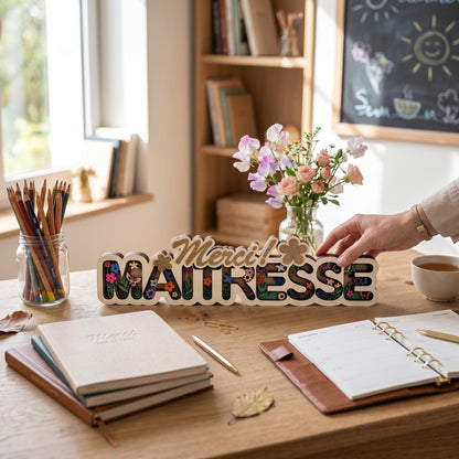 Décoration en bois multicouches "Merci Maitresse" avec motif floral coloré et finition dorée. Idéal pour offrir.