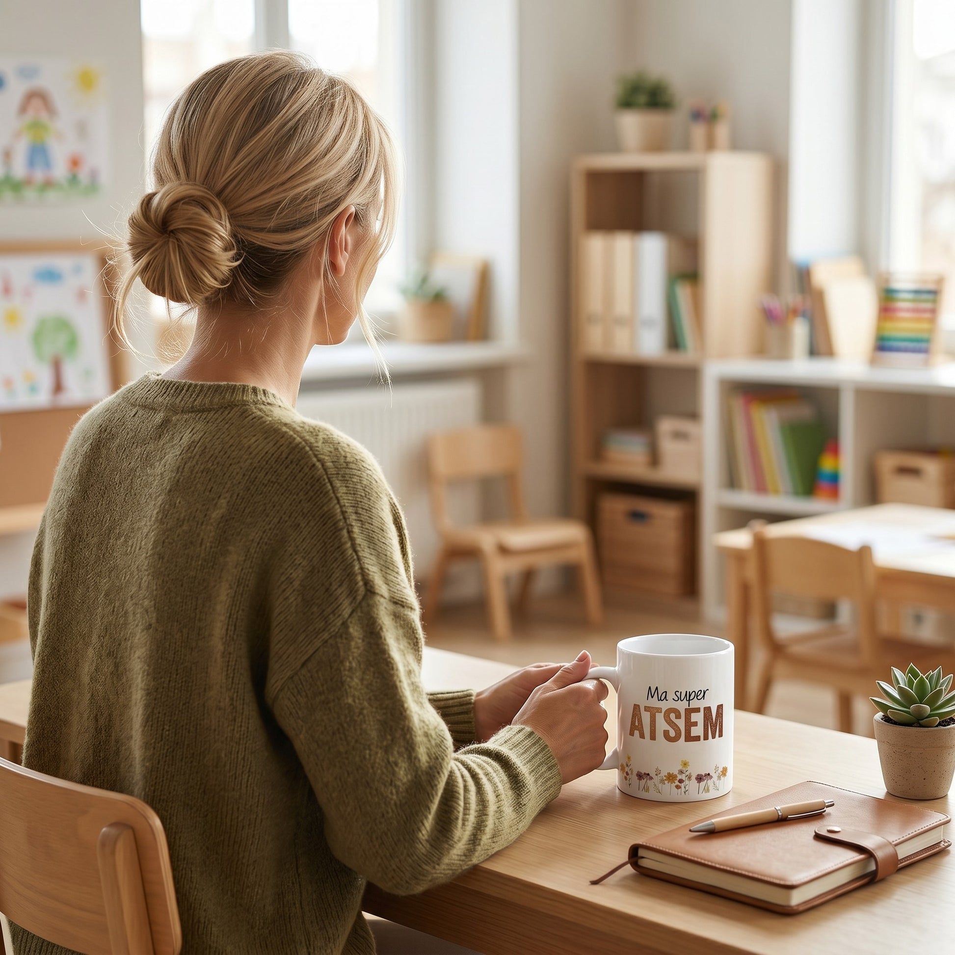 Mug blanc personnalisé "Ma super ATSEM" avec des fleurs, idéal pour remercier une ATSEM. Céramique, 325 ml. L'Atelier de Lylou.