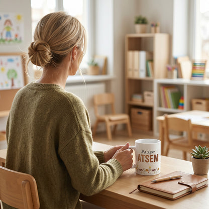 Mug blanc personnalisé "Ma super ATSEM" avec des fleurs, idéal pour remercier une ATSEM. Céramique, 325 ml. L'Atelier de Lylou.