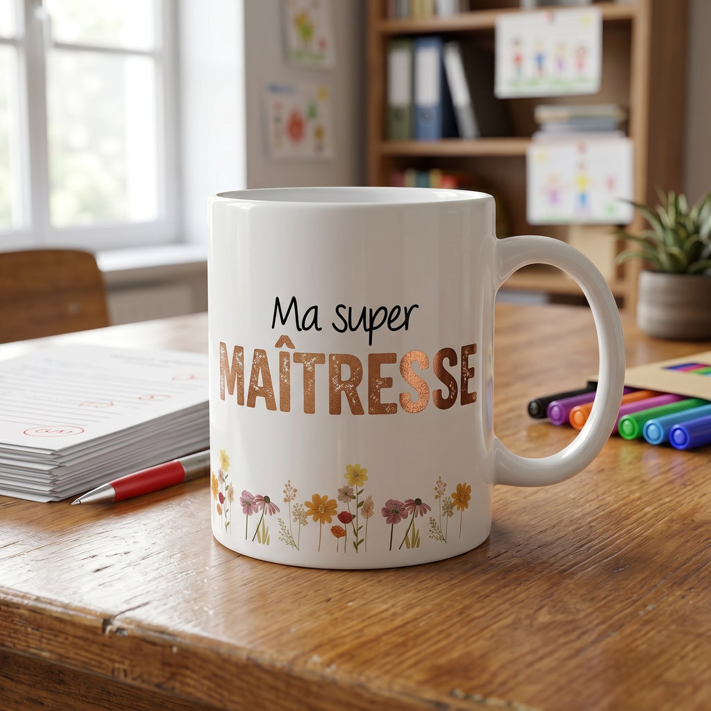 Mug blanc "Ma super MAÎTRESSE" avec des fleurs, cadeau personnalisé pour enseignante, céramique, 325 ml.