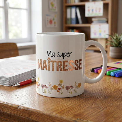 Mug blanc "Ma super MAÎTRESSE" avec des fleurs, cadeau personnalisé pour enseignante, céramique, 325 ml.
