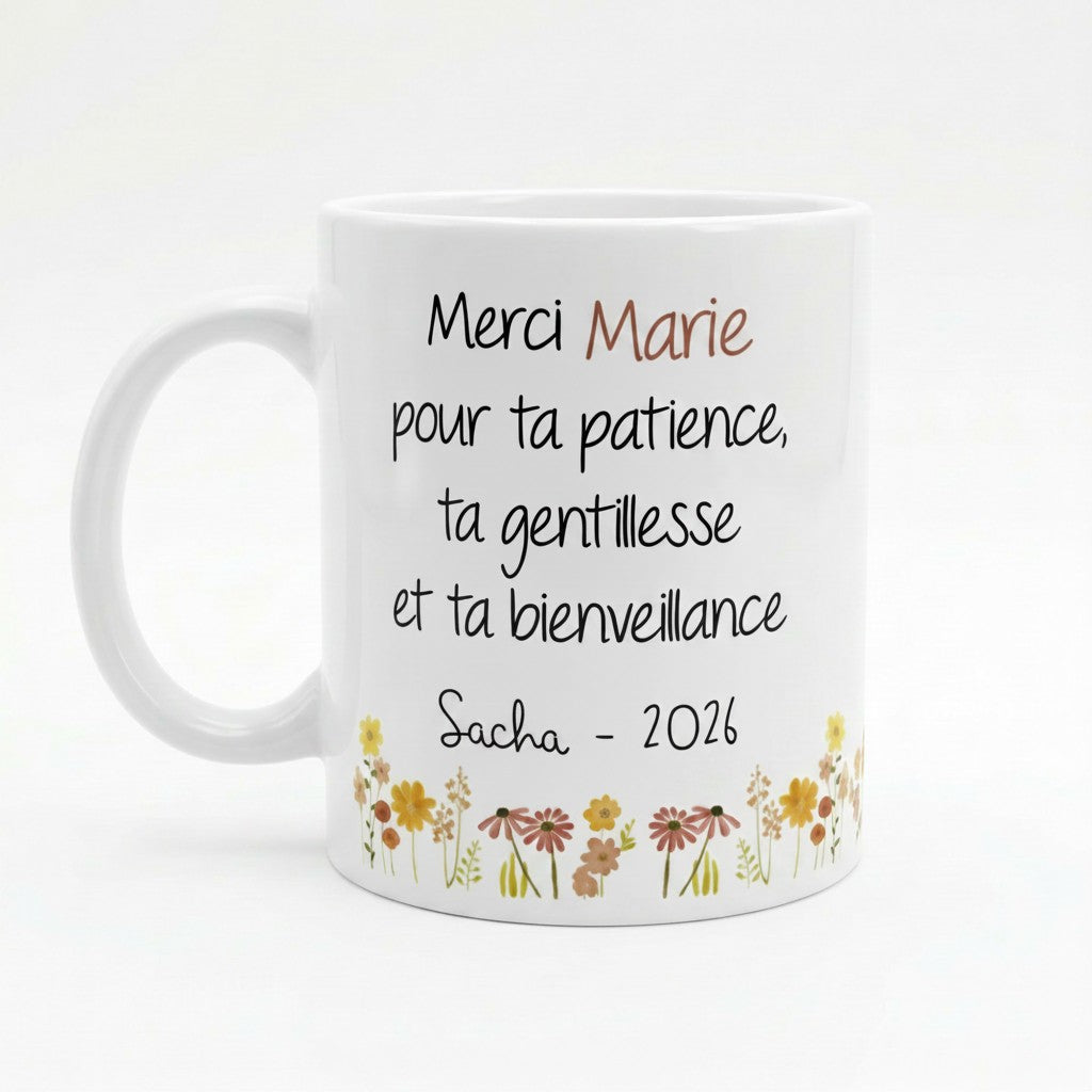 Mug blanc personnalisé "Merci Marie pour ta patience, ta gentillesse et ta bienveillance" par Sacha - 2026, décor floral